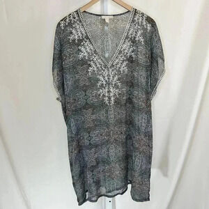 2/$30 Dress Barn OS Ikat Pattern Sheer Swim Coverup Tunic Ladder Stitching